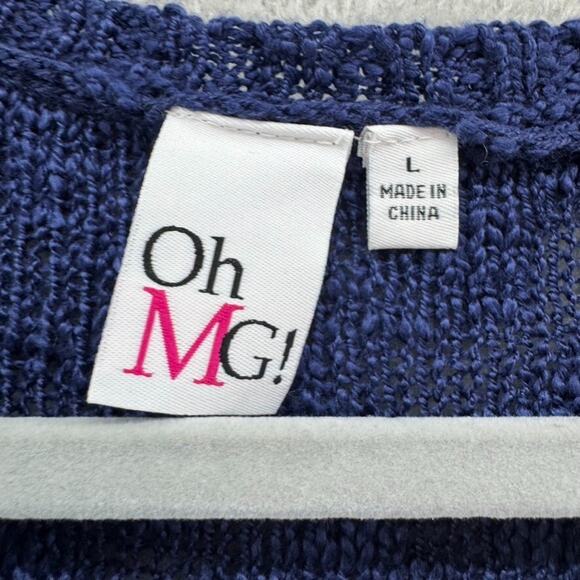 Oh MG Open Knit Sweater Womens L Blue Crew Neck Pullover Long Sleeve Side Slit - Picture 2 of 16